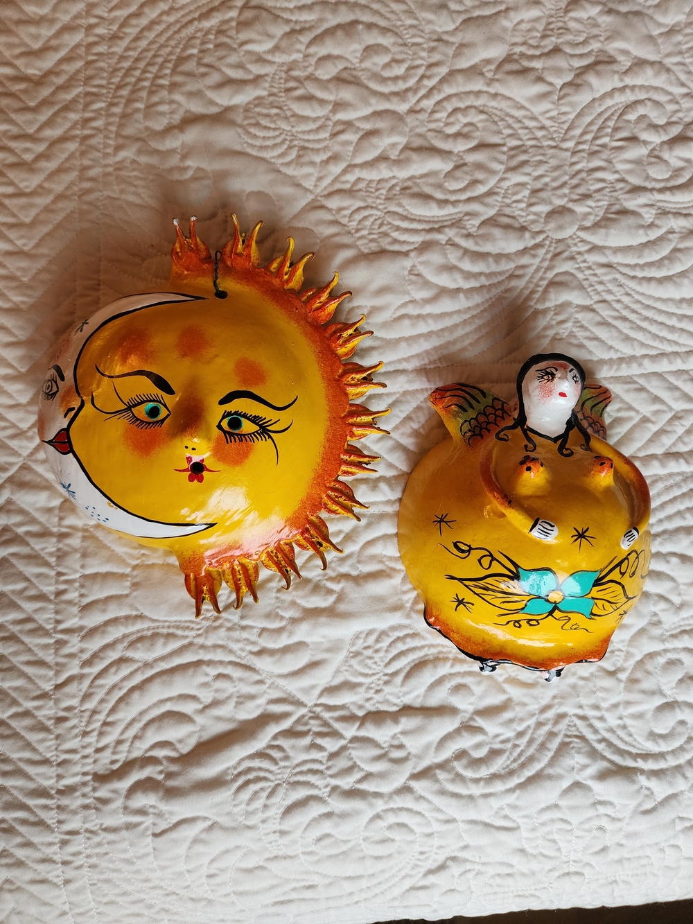 Mexican Coconut Shell Folk Art Mask Sun Moon Angel Lady Vintage Artsy Celestial